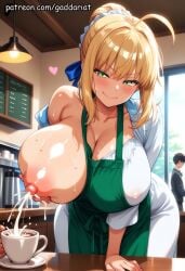 ai_generated apron barista blonde_female blonde_hair blush bokeh_background breast_exposed breast_squeeze dress dynamic_pose fate/grand_order fate/stay_night fate_(series) gaddariat high_ponytail huge_breasts lactation leaning_forward long_sleeves looking_at_cup milk milk_stream muscular patreon playful_smile saber solo_focus