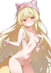 1girl absurdres animal_ear_headwear blonde_hair blush breasts closed_mouth completely_nude cowboy_shot drawn_whiskers fox_tail hand_on_own_chest hat highres long_hair looking_at_viewer navel nipples nude orange_eyes original pink_hat pussy simple_background small_breasts solo stomach tail very_long_hair white_background yunjuice