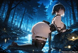 1girl ahoge ai_assisted ai_generated arm_strap ass bangs bare_shoulders black_hair black_legwear blush breasts curvaceous curvy curvy_female curvy_figure female from_side gloves holster kneeling large_breasts looking_at_viewer miyuai night night_sky rover_(wuthering_waves) short_hair sky smile solo starry_sky thick thick_ass thick_butt thick_hips thick_legs thick_thighs thigh_strap thighhighs thighs tree voluptuous voluptuous_female water weapon wide_hips wide_thighs wuthering_waves yellow_eyes