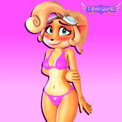 3d 3d_(artwork) anthro big_breasts blush blushing_at_viewer coco_bandicoot crash_(series) embarrassed female female_protagonist furry looking_at_viewer marsupial orange_fur pink_bikini pink_bikini_bottom pink_bikini_top smile smiling smiling_at_viewer source_filmmaker tbwinger92 video_games