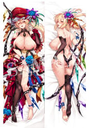 1girl absurdres aged_up ass bed_sheet black_thighhighs blonde_hair blue_flower blue_rose breasts cleavage commentary_request crystal_wings cum cum_in_pussy cum_on_body cum_on_breasts dakimakura_(medium) earrings facial fangs flandre_scarlet flower full_body hair_flower hair_ornament hat highres huge_breasts jewelry lactation long_hair lying mob_cap multiple_views necklace nipples nude on_back on_bed ouma_tokiichi pussy red_eyes red_hat reitaisai rose sample_watermark single_thighhigh thighhighs touhou variant_set watermark wings