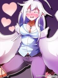 1girls beady_eyes big_breasts blush breasts cleavage clothing deviantart_username dragonith feathered_wings harpy haru_(monster_musume) monster_girl monster_musume_no_iru_nichijou monster_musume_no_iru_nichijou_online pointy_ears solo_female white_hair wings