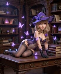 ai ai_art ai_assisted ai_generated aspen_(artist) black_shoes bodysuit book brown_hair butterfly desk female female_only genshin_impact gloves green_eyes hat library light_brown_hair light_skin lingerie lisa_(genshin_impact) long_hair looking_at_viewer magic magical_girl necklace night purple_lingerie reclining reclining_pose rose_(flower) slim slim_female slim_waist slime_girl smaller_female smile smiling stockings witch_hat