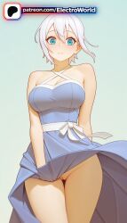 1girl 1girls 2026 ai_generated artist_name bare_shoulders blush boobs breasts bust chest clitoral_hood dress electroworld exposed_pussy fairy_tail gradient gradient_background hi_res high_quality high_resolution highres juicy_pussy lisanna_strauss no_panties patreon patreon_username pussy short_hair solo stable_diffusion tight_pussy tits vagina watermark white_hair wind_lift