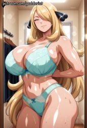 1girl ai_generated arms_behind_back blonde_female blonde_hair bokeh_background bra clothing_store curvy cynthia_(pokemon) gaddariat huge_breasts long_hair long_hair_female mirror patreon pokemon pokemon_(species) pokemon_bw pokemon_dppt pokemon_rgby pokemon_rse pokemon_sm pokemon_ss pokemon_sv pokemon_xy slim_waist solo