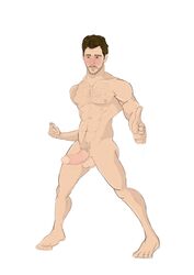 1boy abs barkhamstuff biceps brown_eyes brown_hair erection facial_hair full_body guardians_of_the_galaxy huge_cock male_only marvel muscular nude pecs peter_quill pointing_at_viewer retracted_foreskin snapping_fingers starlord white_background