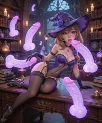 ai ai_art ai_assisted ai_generated aspen_(artist) big_balls big_cock big_penis black_shoes bodysuit book brown_hair butterfly cock desk dick female female_only floating floating_penis genshin_impact gloves grabbing grabbing_penis green_eyes hat huge_cock library licking licking_penis light_brown_hair light_skin lingerie lisa_(genshin_impact) long_hair magic magic_penis magical_girl necklace night oral oral_sex penis purple_lingerie purple_penis reclining reclining_pose rose_(flower) several_penises sitting slim slim_female slim_waist slime_girl stockings touching_penis witch_hat