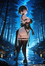 1girl ahoge ai_assisted ai_generated ass bangs bare_shoulders black_footwear black_hair boots breasts closed_mouth curvaceous curvy curvy_female curvy_figure dress elbow_gloves female full_body gloves hair_ornament high_heel_boots high_heels knife large_breasts looking_at_viewer looking_back miyuai night night_sky outdoors rover_(wuthering_waves) short_hair side_slit sky sleeveless sleeveless_dress smile solo standing thick thick_ass thick_butt thick_hips thick_legs thick_thighs thigh_boots thigh_strap thighhighs thighs tree voluptuous voluptuous_female water wide_hips wide_thighs wuthering_waves yellow_eyes