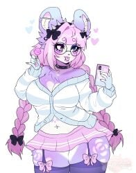 anthro breasts cleavage collar female female_focus female_only furry furry_female furry_focus furry_only glasses jacket lolipop oc panda pose shyychilla skirt thick thick_thighs thighhighs tummy