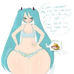 annoyed blush bottom_heavy embarrassed flat_chest frustrated gigantic_thighs hands_on_hips hatsune_miku hyper_ass hyper_thighs kasane_teto pearto thick_thighs vocaloid wide_hips