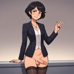 1futa ai_generated black_hair black_nails boobly erection futanari necklace nipples office_lady peace_sign precum short_hair small_breasts solo standing stockings suit