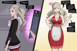ann_takamaki before_and_after blonde_hair blue_eyes breasts cleavage control_indicator dialogue dress english_text femsub flower flower_in_hair happy_trance hoodie jewelry long_hair male_pov maledom necklace open_mouth persona persona_(series) persona_5 phone polmanning pov pov_dom signature simple_background smile speech_bubble spiral stepfordization tech_control text tongue twintails
