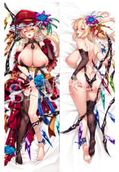 1girl absurdres aged_up ass bed_sheet black_thighhighs blonde_hair blue_flower blue_rose breasts cleavage commentary_request crystal_wings cum cum_in_pussy dakimakura_(medium) earrings fangs flandre_scarlet flower full_body hair_flower hair_ornament hat highres huge_breasts jewelry lactation long_hair lying mob_cap multiple_views necklace nipples nude on_back on_bed ouma_tokiichi pussy red_eyes red_hat reitaisai rose sample_watermark single_thighhigh thighhighs touhou variant_set watermark wings