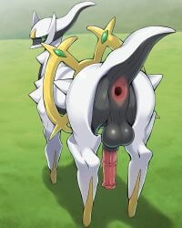 1boy ai_generated anal_gape anus arceus assbutt balls equine_penis feral flared_penis from_behind gape gaping gaping_anus generation_4_pokemon god grass grass_field legendary_pokemon looking_at_viewer looking_back male mythical_pokemon penis perineum pokemon pokemon_(species) quadruped raised_tail rear_view sagging_balls solo stable_diffusion standing tail testicles