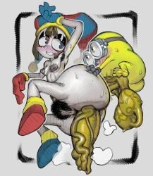 1boy 1girls balls big_balls big_penis bigger_female blushing bottom_heavy brown_hair crossover despicable_me glitch_productions hairy_anus hairy_armpits hairy_pussy heterochromia highres hot_dogging illumination_entertainment jester jester_hat large_penis minion multicolored_eyes musk_clouds penis pomni_(the_amazing_digital_circus) pubic_hair pudutoast size_difference smaller_male sweat the_amazing_digital_circus veiny_balls veiny_penis weird_crossover weird_proportions white_skin yellow_skin