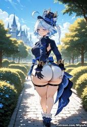 1girl ahoge ai_assisted ai_generated ass bangs blue_eyes blue_hair breasts closed_mouth curvaceous curvy curvy_female curvy_figure day dress female from_behind full_body furina_(genshin_impact) genshin_impact gloves hair_between_eyes hat large_breasts long_sleeves looking_at_viewer looking_back miyuai outdoors short_hair smile solo standing thick thick_ass thick_butt thick_hips thick_legs thick_thighs thighs tree voluptuous voluptuous_female wide_hips wide_thighs
