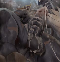 after_orgasm ahab_(tokyo_afterschool_summoners) anthro balls bara barazoku beard big_muscles big_penis boner buffalo chest_hair cum cum_on_penis dsharp_k erection facial_hair furry horns male male_only moustache muscles muscular musk nude penis solo solo_male sweat sweating tokyo_afterschool_summoners true_buffalo water_buffalo