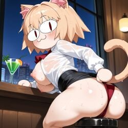 1girl 1girls :3 ai_generated bar_counter barstool big_breasts black_skirt blonde_female blonde_hair blush breasts_out cat_ears cat_tail catgirl chibi city cityscape cleavage drinking drunk fancy looking_back martini neco-arc night night_sky pink_nipples pulling_panties red_ascot red_panties skirt_up sweat thick_thighs wet wet_pussy wet_shirt white_blouse white_skin