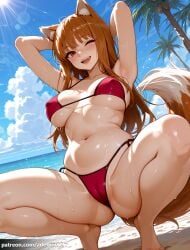 1girl ai_generated animal_ear_fluff animal_ears arlequin097 armpits arms_behind_head arms_up barefoot beach bikini blue_sky blush breasts breasts_apart brown_hair cameltoe cloud collarbone covered_nipples day feet holo holo_(spice_and_wolf) large_breasts lens_flare long_hair looking_at_viewer navel ocean one_eye_closed open_mouth outdoors palm_tree red_bikini red_eyes sky smile solo spice_and_wolf spread_legs squatting stomach string_bikini sun sunlight sweat swimsuit tail teeth thighs tiptoes toenails toes tree underboob upper_teeth_only water wet wolf_ears wolf_girl wolf_tail