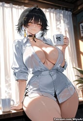 1girl ahoge ai_assisted ai_generated bangs black_choker black_hair blush breasts choker cleavage closed_mouth coffee coffee_mug collarbone collared_shirt cowboy_shot cup curvaceous curvy curvy_female curvy_figure dress_shirt eyebrows_visible_through_hair female hair_between_eyes hair_ornament holding holding_cup huge_breasts indoors jewelry large_breasts looking_at_viewer miyuai mug panties plant rover_(wuthering_waves) see-through shirt short_hair smile solo thick thick_ass thick_butt thick_hips thick_legs thick_thighs thighs voluptuous voluptuous_female wet wet_clothes white_shirt wide_hips wide_thighs wuthering_waves yellow_eyes