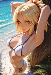 1girls ai_generated ass ass_grab big_ass big_breasts bikini blonde_hair blush breast_grab breasts closed_mouth cute cute_face duo elvoryn exposed_breasts fate/apocrypha fate/grand_order fate_(series) female female_focus green_eyes large_ass large_breasts light-skinned_female light_skin long_hair looking_at_viewer male mordred_(fate) nipples pink_nipples pussy sexy sexy_body sexy_female standing younger_female