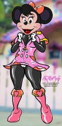 absurd_res alternate_body_type alternate_breast_size anthro boots bottomless_female bow_tie clothing coat disney female footwear foxpawmcfly hi_res minnie_mouse raincoat rubber rubber_suit solo topwear zipper