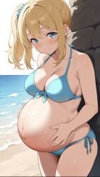 1girls ai_generated bangs beach bikini bikini_bottom bikini_top blonde blonde_female blonde_hair blonde_hair_female blue_bikini blue_bikini_bottom blue_bikini_top blue_eyes blush breasts commentary_request female female_focus girl hair hands_on_belly lia_the_busty_redhead looking_at_viewer medium_breasts ocean original original_character outdoors pregnant pregnant_female pregnant_sex self_upload side_ponytail smile smile_at_viewer smiling standing tagme water