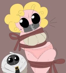 2girls angry_expression blonde_hair bondage bra gimp_mask magdalene_(the_binding_of_isaac) mole_on_cheek mom_(the_binding_of_isaac) panties pink_panties redstheatre sisters_vis straitjacket the_binding_of_isaac tied_arms tied_legs tied_up