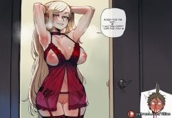 1boy 1girl ahoge ai_generated armpits arms_up babydoll blonde_hair blood blush breasts danganronpa english_text hajime_hinata large_breasts lingerie long_hair navel nipples nosebleed pussy smile sonia_nevermind thighhighs tillian underwear