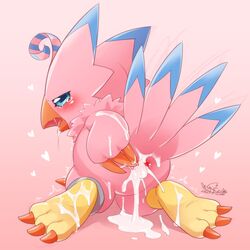 1:1 2021 3_toes ahoge all_fours animal_genitalia anthro ass avian beak biyomon blue_eyes bodily_fluids claws cloaca cotora cum cum_in_cloaca cum_inside cum_leaking cum_on_feet digimon digimon_(species) drooling feathers feet female genital_fluids genitals hair heart hi_res looking_at_viewer looking_back looking_pleasured open_beak open_mouth pink_body pink_feathers rear_view saliva solo spread_cloaca spreading tears toes twitching