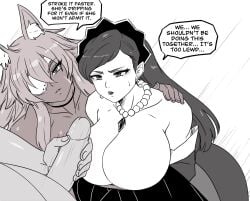2girls about_to_cum big_breasts big_penis completely_nude darwaarts dirty_talk dress english_text ghislaine_dedoldia hilda_boreas_greyrat imminent_cumshot jobless_reincarnation looking_at_viewer male_pov massive_breasts motion_lines mushoku_tensei necklace pov pretending_not_to_like_it stroking_penis talking_to_partner talking_to_viewer unseen_male_face waiting_for_cum wanting_cum
