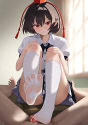 1boy 1girl after_footjob black_skirt brown_hair censored commentary commission cum cum_on_body cum_on_feet ejaculation footjob footjob_with_footwear footjob_with_legwear grin hat head_tilt hetero highres indoors knees_up looking_at_viewer maa_(maa1) mosaic_censoring no_shoes penis pixiv_commission pov presenting_own_foot red_eyes shameimaru_aya shirt short_hair sitting skirt smile socks tokin_hat touhou white_shirt white_socks window