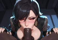 1boy 1girl ai_generated bangs belt black_hair blowjob blush bodysuit boots breasts choker cleavage dark-skinned_male dark_skin deepthroat fellatio hetero huge_penis irrumatio jubilation_lee jubilee jubilee_(marvel_rivals) large_breasts lips marvel marvel_rivals red_eyes short_hair vampire_jubilee very_dark_skin x-men youmuu