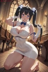 1girl ai_generated barefoot black_hair blue_eyes blue_ribbon blush breasts cleavage cleavage_cutout covered_navel dress dungeon_ni_deai_wo_motomeru_no_wa_machigatteiru_darou_ka gloves hair_ornament hair_ribbon hestia_(danmachi) hi_res high_quality high_resolution indoors kiraamane kneeling large_breasts long_hair looking_at_viewer open_mouth patreon pencil_dress rei_no_himo ribbon seductive sexy short_dress solo twintails uncensored watermark white_dress white_gloves