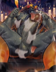 balls bara beard big_muscles big_penis boner disembodied_hands dsharp_k erection facial_hair hades_(game) hades_(hades) handjob male male_only muscles muscular musk nude penis sitting spread_legs sweat sweating
