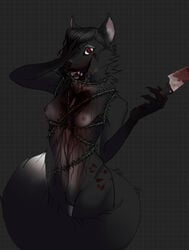 anthro ash_(character) black_body black_fur black_hair blades blood bodily_fluids bone breasts canid canine canis crowsfire female fur genitals gore hair hi_res insane mammal nude pussy red_eyes skinny teeth thorns wolf