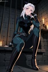 1girl ai_generated artist_name belt black_footwear black_gloves blush bodysuit boots breasts brick_wall candle chain closed_mouth digitalwaifugallery fingerless_gloves full_body gloves hi_res high_quality high_resolution horns indoors knee_boots knee_up long_hair looking_at_viewer medium_breasts patreon pointy_ears purple_eyes rayla_(the_dragon_prince) seductive sexy sitting smile solo the_dragon_prince uncensored watermark white_hair