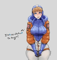 1female 1females 1girl 1girls 1woman 1women alternate_version_available apex_legends blonde blonde_female blonde_hair blue_eyes blushing blushing_at_viewer hands_together looking_at_viewer pun sindio solo solo_female solo_focus tagme talking_to_viewer text wattson wattson_(apex_legends)