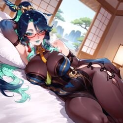 1girl ai_generated aqua_eyes arzagod big_breasts black_hair blush colored_inner_hair genshin_impact green_eyes green_hair hair_ornament high_ponytail jewelry large_breasts long_hair multicolored_hair pantyhose perfect_legs ponytail tagme thick_thighs xianyun_(genshin_impact)