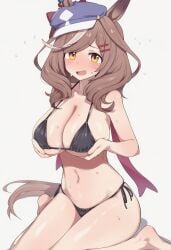 ai_generated big_breasts black_bikini black_bra blue_cap brown_hair cap hands_on_breasts hanging_breasts large_breasts looking_at_viewer matikane_tannhauser_(umamusume) umamusume umamusume_pretty_derby yellow_eyes