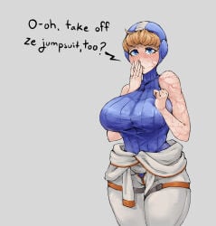 1female 1females 1girl 1girls 1woman 1women alternate_version_available apex_legends blonde blonde_female blonde_hair blue_eyes blushing blushing_at_viewer hand_covering_mouth hands_together looking_at_viewer pun scarred scars scars_all_over scars_on_arm scars_on_face shoulders sindio solo solo_female solo_focus tagme talking_to_viewer text wattson wattson_(apex_legends)