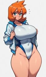 1girl ai_generated aqua_eyes blue_eyes blue_jacket blue_one-piece_swimsuit blue_swimsuit blush breasts busty clothing competition_swimsuit covered_navel curvaceous female female_only groin highleg highleg_swimsuit huge_breasts impossible_clothes jacket kasumi_(pokemon) large_breasts long_sleeves looking_at_viewer medium_hair misty_(pokemon) misty_(pokemon_hgss) multicolored multicolored_clothes multicolored_jacket multicolored_swimsuit navel one-piece_swimsuit open_clothes open_jacket orange_hair pokemon pokemon_gsc pokemon_hgss shiny_clothes shiny_skin short_hair solo sportswear standing swimsuit tank_suit taut_clothes thick_thighs thighs track_jacket two-tone_jacket two-tone_swimsuit white_jacket white_one-piece_swimsuit white_swimsuit wide_hips zipper