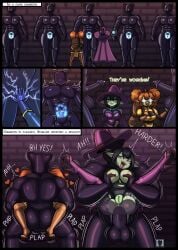 2girls anal anthro_on_anthro breast_grab_from_behind comic creator_world erection fuck_me_boots full_nelson goblin goblin_female grabbing_own_breast high_heel_boots high_heels huge_breasts mating_press nipples platform_heels pointy_ears pussy sex shortstack thigh_boots witch_hat