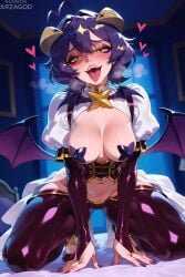 1girl ai_generated antenna_hair arzagod big_breasts blush demon_wings hiiragi_utena horns large_breasts magia_baiser mahou_shoujo_ni_akogarete perfect_legs purple_hair short_hair tagme thick_thighs tongue_out yellow_eyes