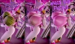 3d 3d_(artwork) 3d_model 3d_render animatronic anthro big_breasts bird body_modification boob_inflation boobs breast_expansion breast_growth breast_inflation breast_transformation breasts chica_(fnaf) chicken clothed dialogue five_nights_at_freddy's five_nights_at_freddy's:_security_breach fnaf forced forced_transformation fruit furry glamrock_chica_(fnaf) glamrock_chica_(mayosplash) growth growth_sequence hivar holding_breast huge_breasts large_breasts mayosplash mayosplash_(modeler) melon nipples profanity robot solo surprised surprised_expression text transformation unwilling_transformation watermelon