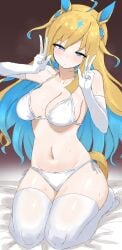 1girls bikini double_peace_sign elbow_gloves emotionless kumiyabe neo_universe_(umamusume) peace_sign posing solo steam sweat thighhighs umamusume