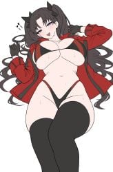 1girl absurdres alternate_breast_size_(larger) arms_behind_head arms_up ass big_ass big_breasts black_gloves black_hair black_thighhighs blush blushing breasts fate/stay_night fate_(series) female female_focus female_only gloves hair_ribbon half-closed_eyes highres hips hips_wider_than_shoulders honkai:_star_rail honkai_(series) huge_ass huge_breasts jacket large_breasts long_hair long_legs lying lying_on_back naughty_face navel panties red_jacket ribbon rin's_pendant_(fate) shokobr solo sweat swimsuit teasing thick_thighs thighhighs thighs tohsaka_rin tohsaka_rin_(honkai:_star_rail) uncensored underwear unfinished