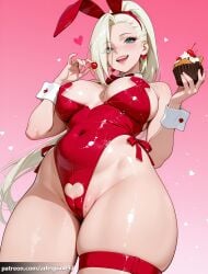 1girl ai_generated animal_ears areola_slip arlequin097 bare_shoulders blonde_hair blue_eyes blush bow bowtie breasts cameltoe cherry clothing_cutout covered_navel covered_nipples detached_collar earrings fake_animal_ears food from_below fruit gradient_background hairband heart heart_cutout heart_earrings heart_pasties highleg highleg_leotard holding holding_food holding_fruit ino_yamanaka jewelry large_breasts leotard long_hair looking_at_viewer mole mole_on_breast mole_under_eye naruto naruto_(series) naruto_shippuden open_mouth pasties patreon_username pink_background playboy_bunny ponytail pussy_peek rabbit_ears red_hairband red_leotard skindentation smile solo strapless strapless_leotard teeth thick_thighs thigh_strap thighs upper_teeth_only white_wrist_cuffs wrist_cuffs yamanaka_ino