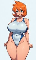 1girl ai_generated aqua_eyes armpit_crease armpits arms_at_sides bare_shoulders blue_eyes blue_one-piece_swimsuit blue_swimsuit blush breasts busty cleavage clenched_hands clothing competition_swimsuit covered_navel curvaceous female female_only groin hair_between_eyes highleg highleg_swimsuit huge_breasts impossible_clothes impossible_swimsuit kasumi_(pokemon) large_breasts looking_at_viewer medium_hair misty_(pokemon) misty_(pokemon_hgss) multicolored multicolored_clothes multicolored_swimsuit navel one-piece_swimsuit orange_hair pokemon pokemon_gsc pokemon_hgss shiny_skin short_hair sideboob skindentation solo sportswear standing swimsuit tank_suit taut_clothes thick_thighs thighs two-tone_swimsuit white_one-piece_swimsuit white_swimsuit wide_hips