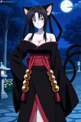 1girl ai_generated animal_ears bare_shoulders black_hair black_kimono breasts cat_ears cat_girl cat_tail cleavage closed_mouth digitalwaifugallery full_moon hair_rings hairband hand_on_own_hip hi_res high_quality high_resolution high_school_dxd japanese_clothes kimono kuroka_(high_school_dxd) large_breasts long_hair looking_at_viewer mole mole_on_breast moon multiple_tails nekomata night night_sky off_shoulder outdoors patreon purple_lips sash seductive sexy sky slit_pupils smile solo tail uncensored watermark yellow_eyes